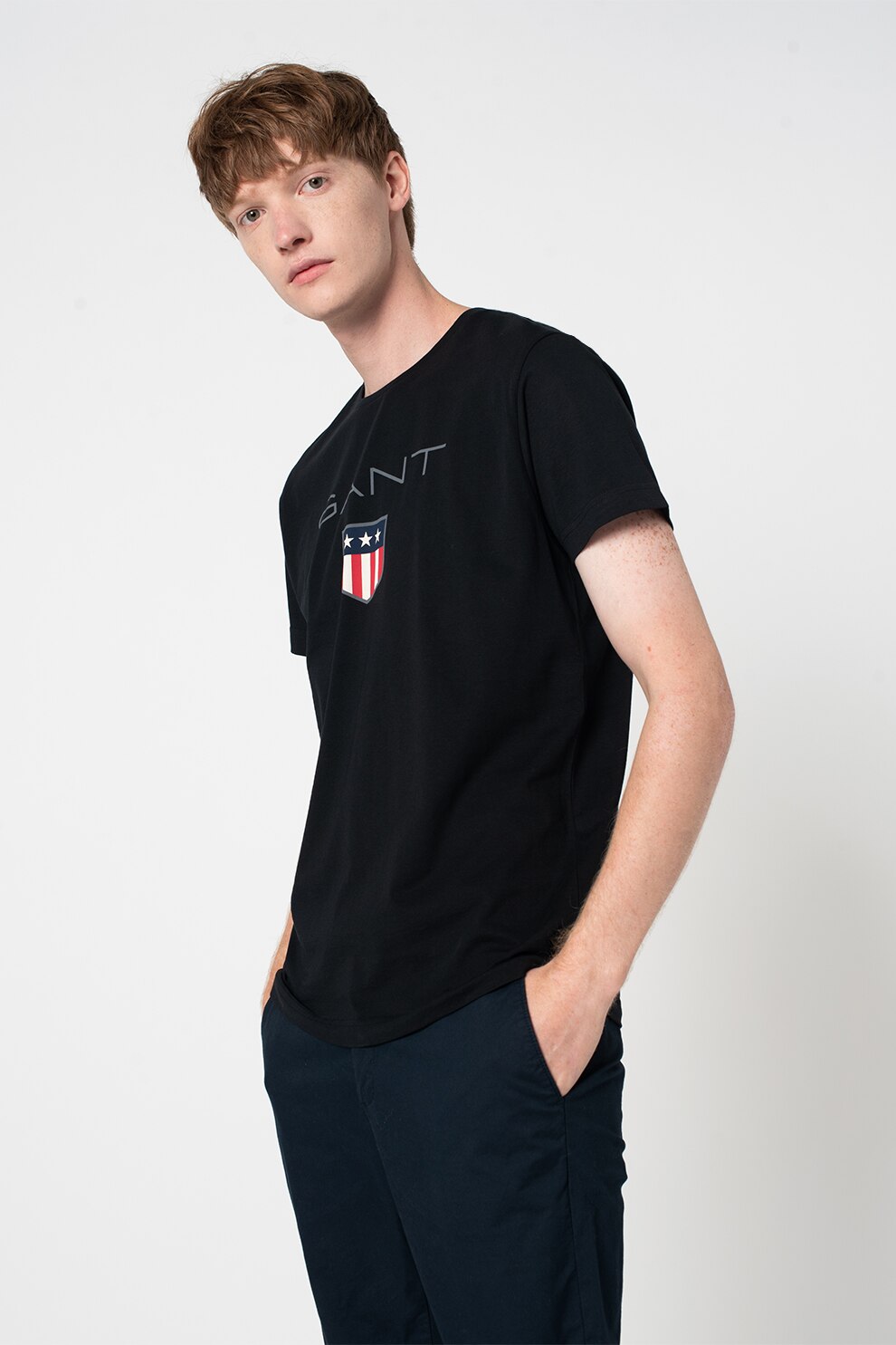 Gant, Tricou cu decolteu la baza gatului si imprimeu logo, Negru/Gri/Rosu