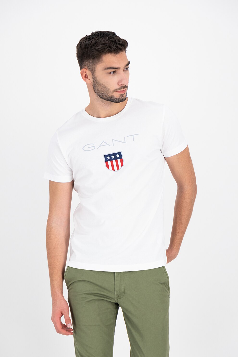 Gant, Tricou cu decolteu la baza gatului si imprimeu logo, Alb