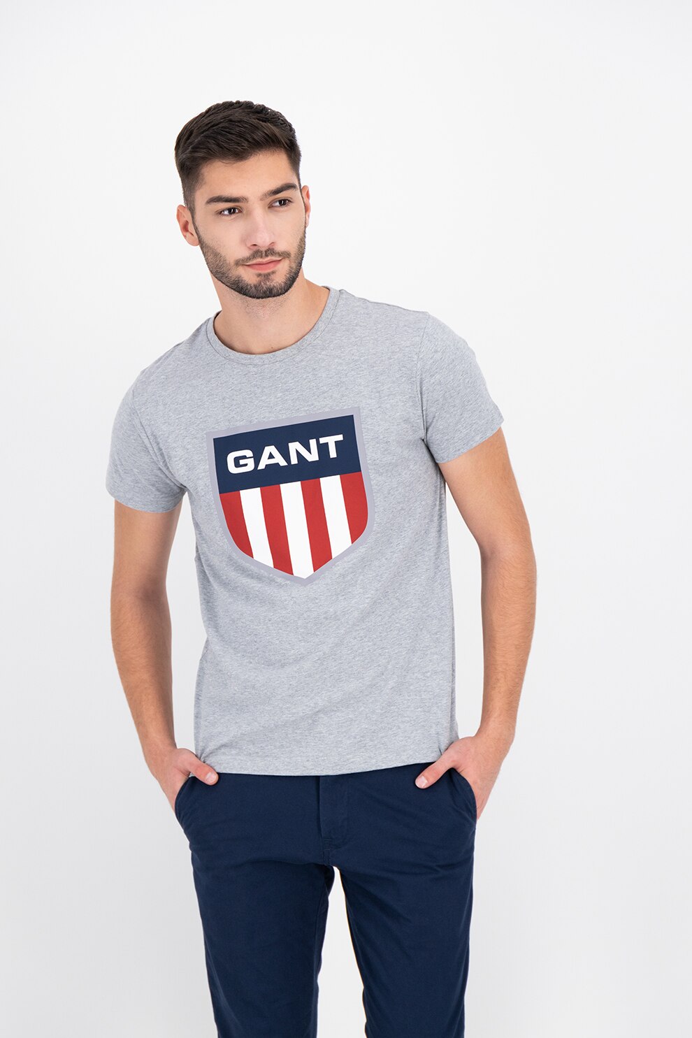Gant, Tricou de bumbac cu imprimeu logo, gri melange, bleumrin inchis, rosu inchis