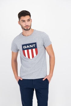 Gant, Tricou de bumbac cu imprimeu logo, gri melange, bleumrin inchis, rosu inchis
