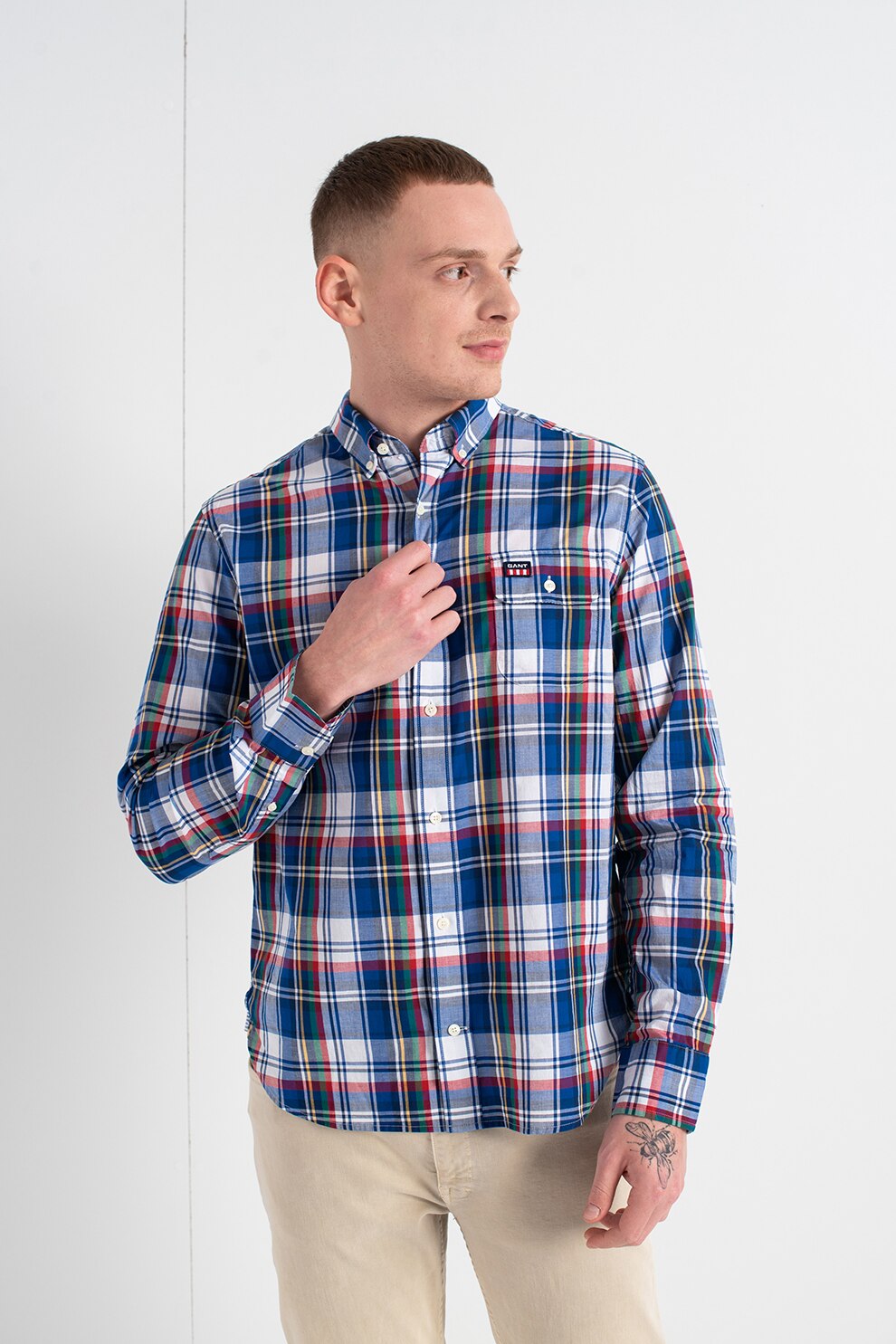 Gant, Camasa de bumbac in carouri, cu buzunar pe piept, Albastru royal/Alb/Rosu