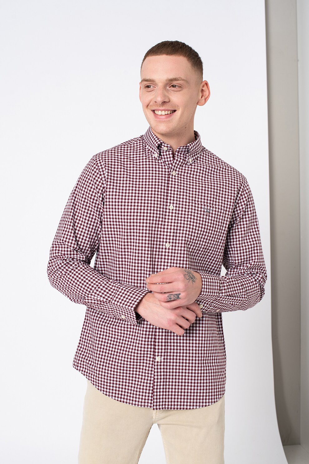 Gant, Camasa Oxford regular fit in carouri, Rosu/Alb