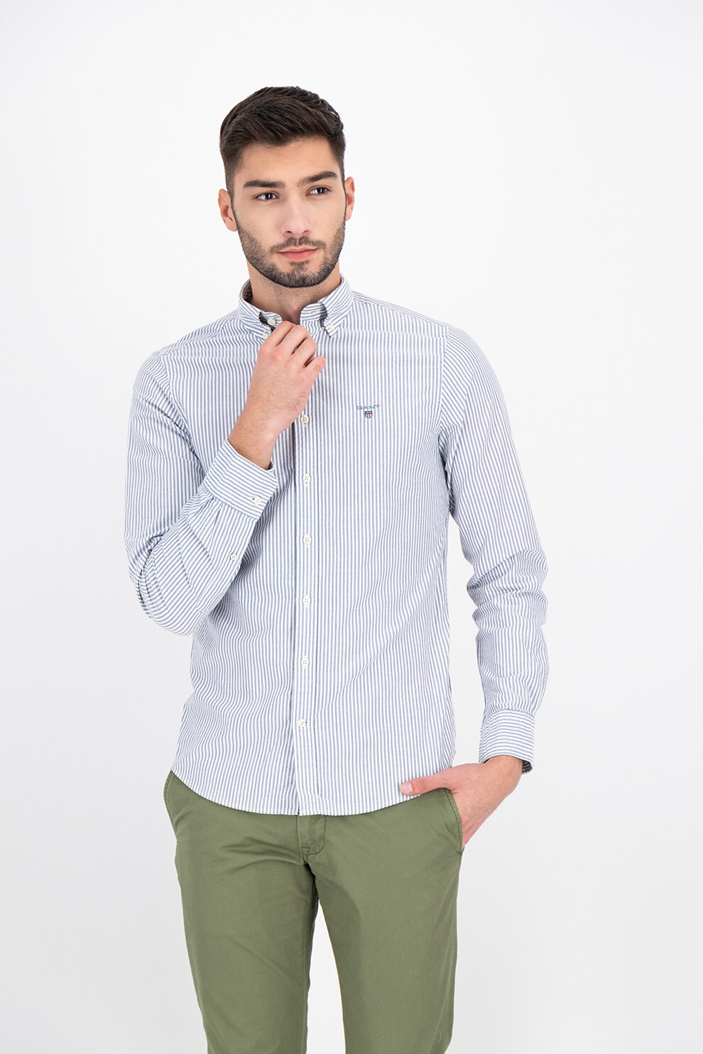 Gant, Camasa slim fit cu dungi, Gri inchis/Alb