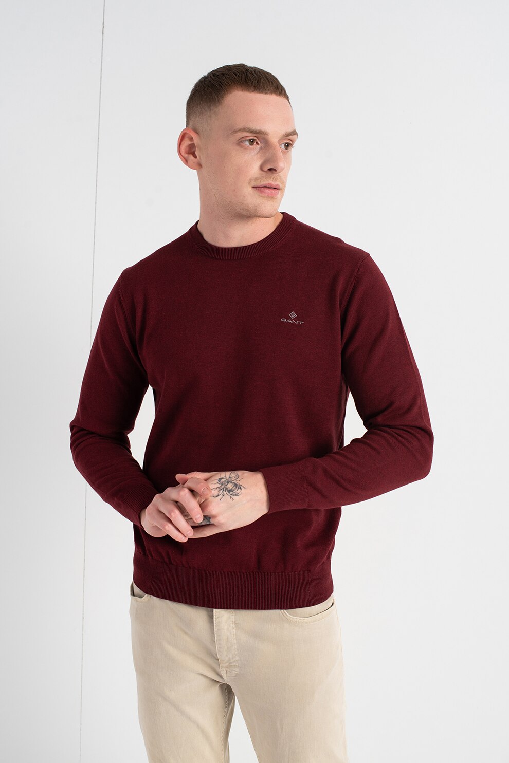 Gant, Pulover regular fit cu decolteu la baza gatului, Visiniu