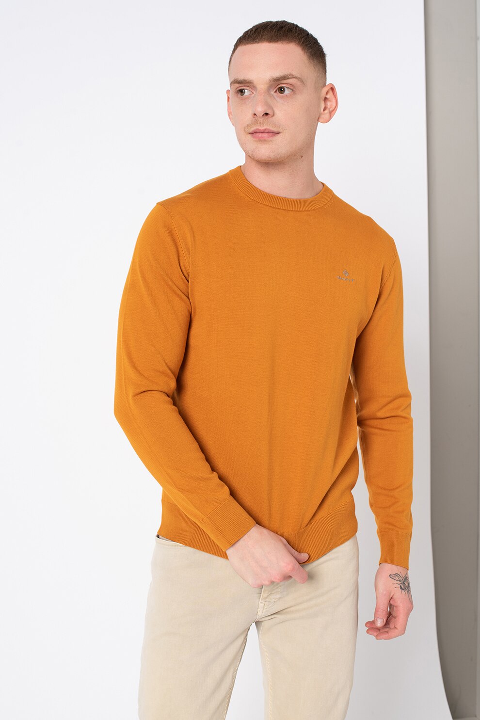 Gant, Pulover regular fit cu decolteu la baza gatului, Ocru