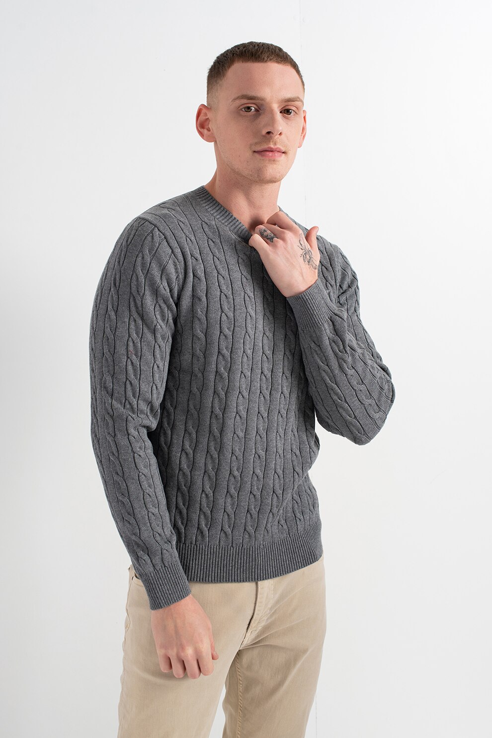 Gant, Pulover regular fit cu decolteu la baza gatului si model torsade, Gri melange
