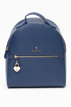 Trussardi, Rucsac de piele ecologica cu buzunar frontal Lily, Albastru inchis Trussardi, Rucsac de piele ecologica cu buzunar frontal Lily, Albastru inchis