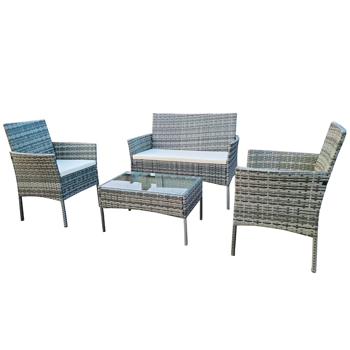 Kring Barkaro kerti/terasz bútor garnitúra, asztal, kanapé, 2 fotel, krémszínű párnákkal