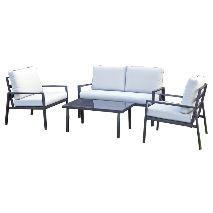 Kring Berga kerti/teraszbútor garnitúra, asztal, kanapé, 2 fotel, 9 cm-es párnával, szürke színben