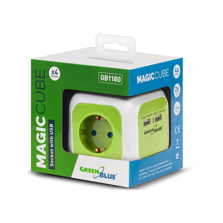 Удължител контакт Magic Cube, GB118G, 4 гнезда, 2 x USB, Бял/Зелен