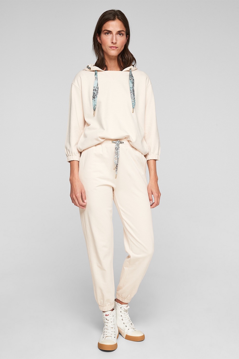 s.Oliver, Pantaloni sport de bumbac cu snur in talie, Alb fildes