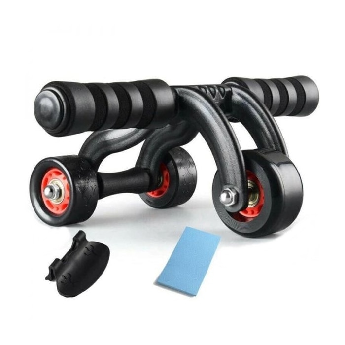 Set aparat abdomene cu 3 roti cu protectie genunchi din spuma, Hiperlion, negru