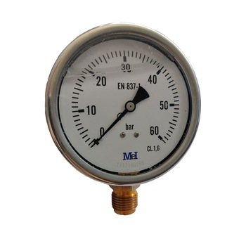 Manometru 0-60 bari, diametru 63mm, carcasa inox cu glicerina (antivibratii), radial (montare pe verticala) Manometru 0-60 bari, diametru 63mm, carcasa inox cu glicerina (antivibratii), radial (montare pe verticala)