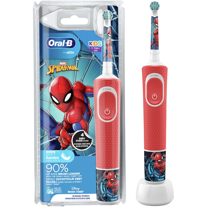 Ел. четка за зъби Oral-B D100 Vitality Spiderman, За деца, 2D почистване, 2 програми, 1 накрайник, 4 стикера включени, Червен