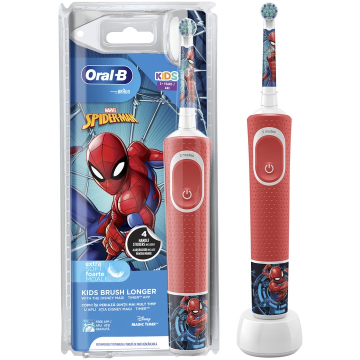 Periuta de dinti electrica Oral-B D100 Vitality Spiderman pentru copii, Curatare 2D, 2 programe, 1 capat, 4 stickere incluse, Rosu