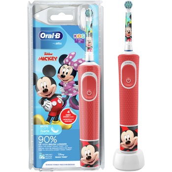 Periuta de dinti electrica Oral-B D100 Vitality Mickey pentru copii, Curatare 2D, 2 programe, 1 capat, 4 stickere incluse, Rosu Periuta de dinti electrica Oral-B D100 Vitality Mickey pentru copii, Curatare 2D, 2 programe, 1 capat, 4 stickere incluse, Rosu