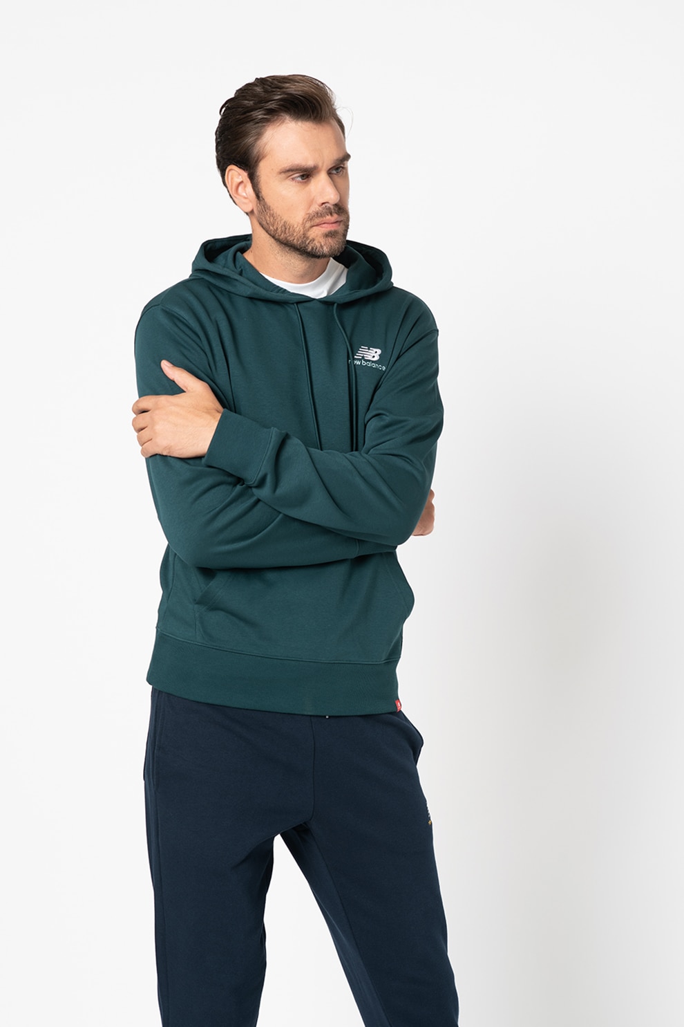 New Balance, Hanorac relaxed fit cu logo brodat Essentials, Verde englez/Alb