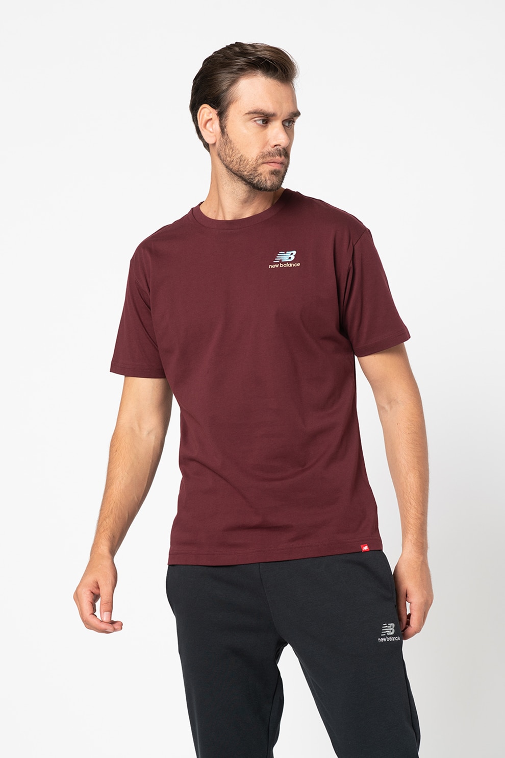New Balance, Tricou relaxed fit cu logo brodat Essentials, Rosu Bordeaux/Albastru pastel/Galben