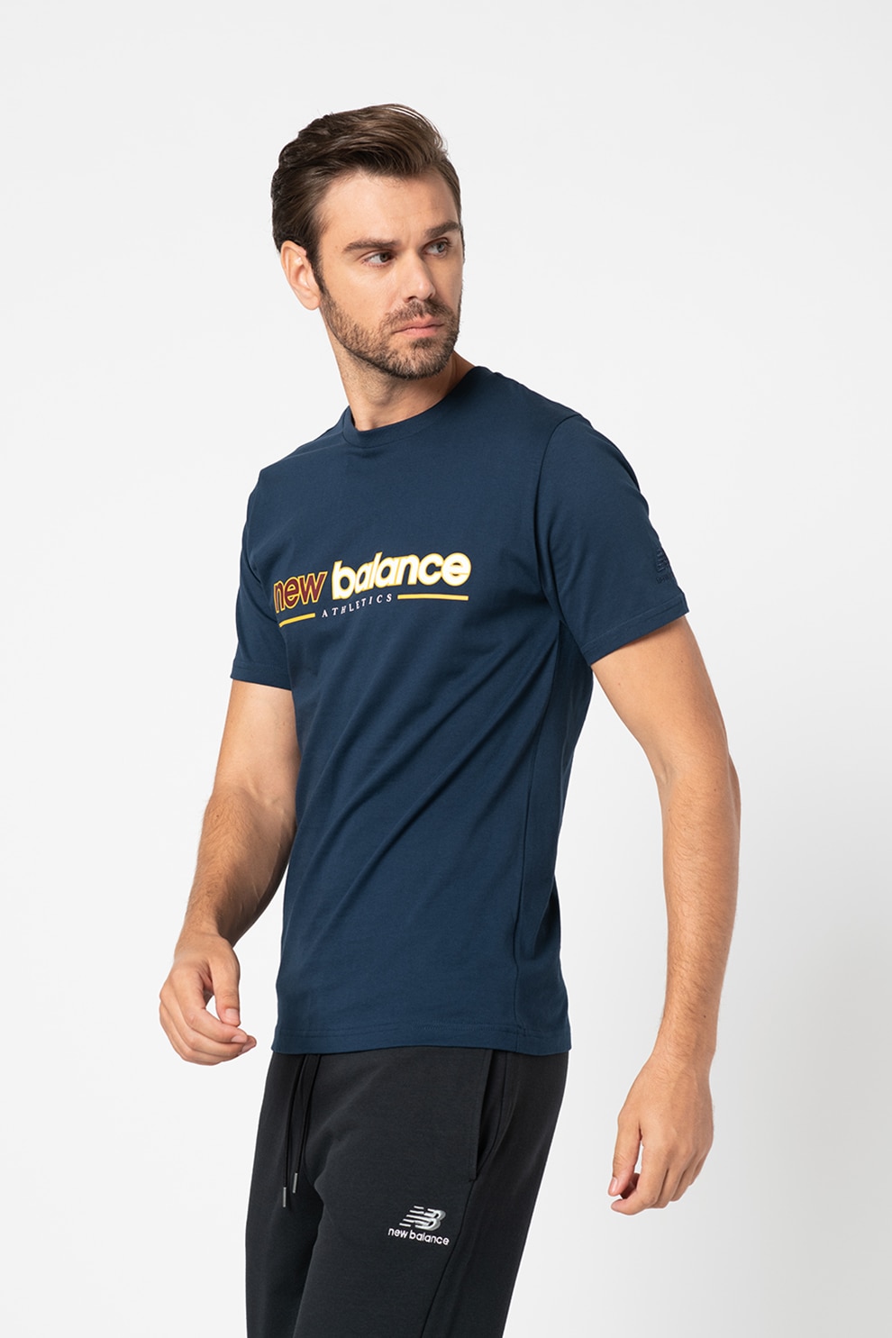 New Balance, Tricou cu imprimeu logo Athletics Higher Learning, Bleumarin/Alb/Oranj