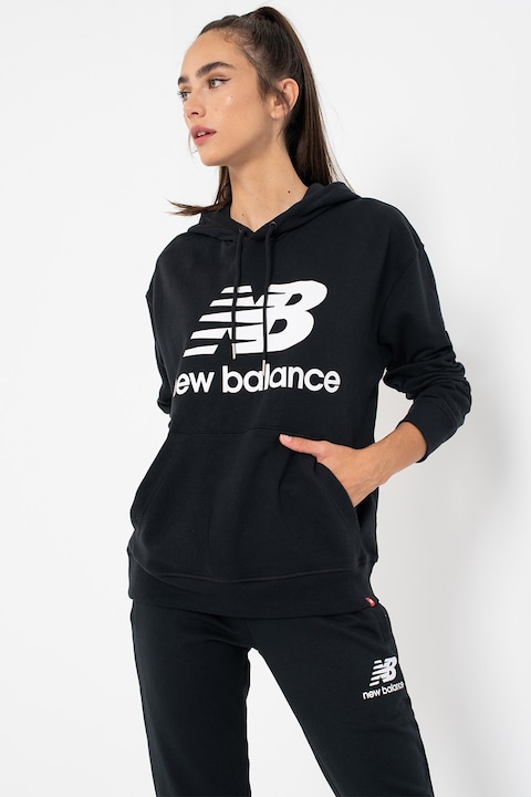 New Balance, Суитшърт Essentials с лого, Черен/Бял, Черен