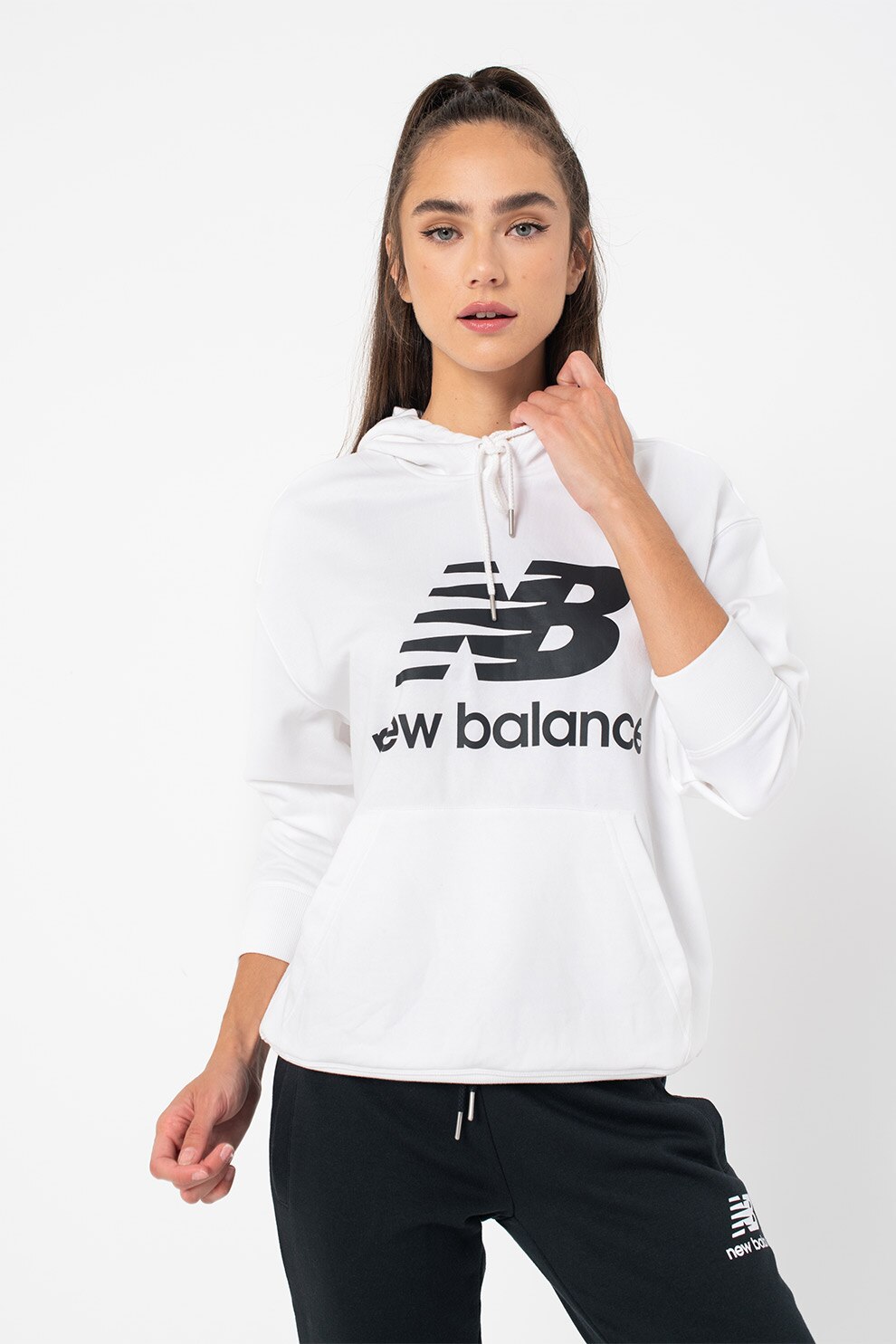 New Balance, Hanorac cu imprimeu logo Essentials, Alb/Negru