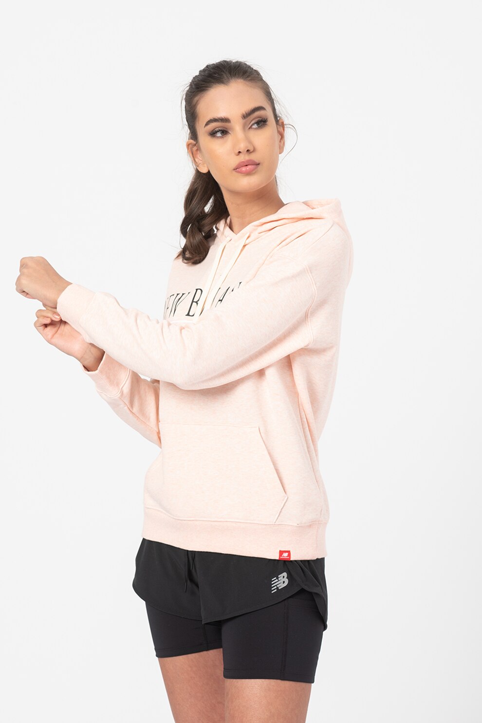 New Balance, Hanorac cu imprimeu logo Essentials, Roz somon/Alb/Negru