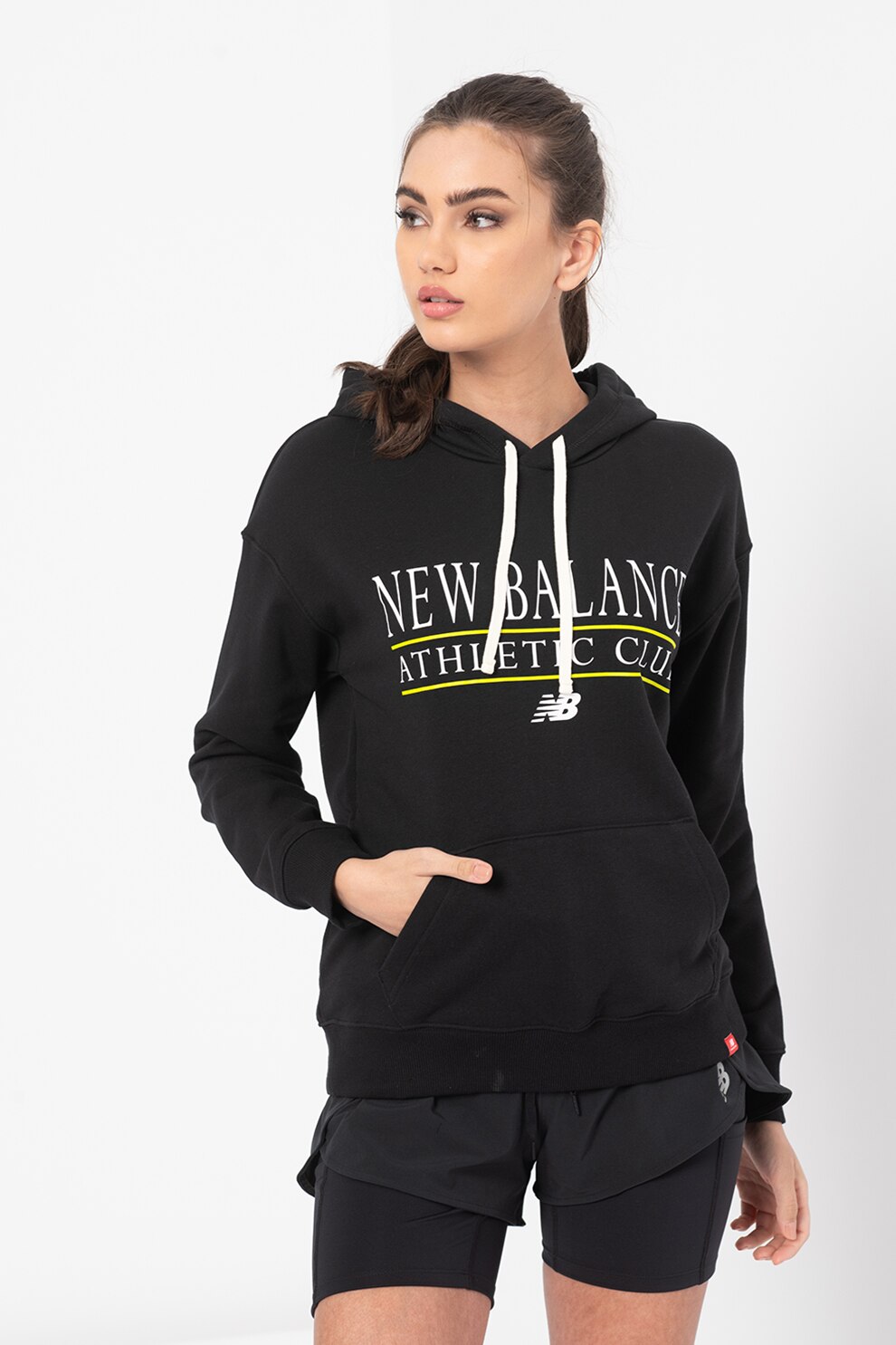 New Balance, Hanorac cu imprimeu logo Essentials, Negru/Alb/Verde lime