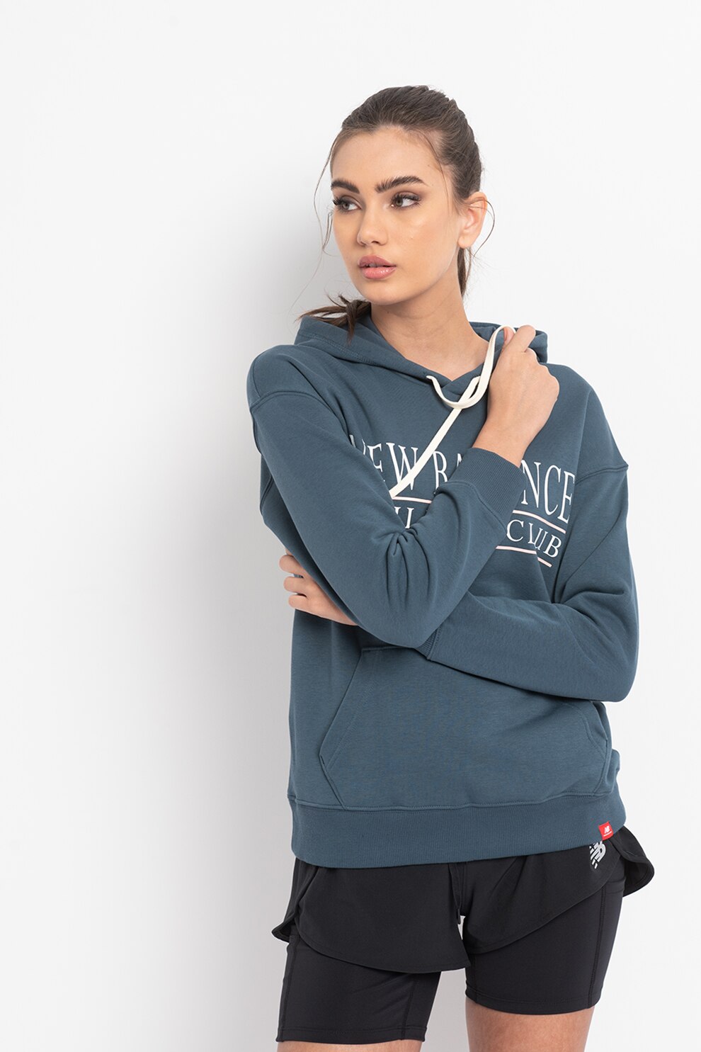 New Balance, Hanorac cu imprimeu logo Essentials, Gri carbune/Alb