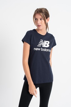 New Balance, Tricou de bumbac cu imprimeu logo supradimensionat, bleumarin inchis, alb New Balance, Tricou de bumbac cu imprimeu logo supradimensionat, bleumarin inchis, alb