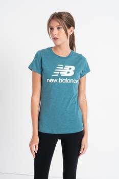 New Balance, Tricou de bumbac cu imprimeu logo supradimensionat, Albastru petrol/Alb New Balance, Tricou de bumbac cu imprimeu logo supradimensionat, Albastru petrol/Alb