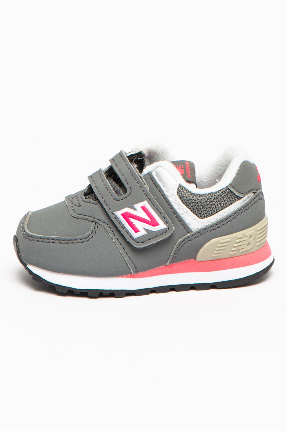 New Balance, Pantofi sport de piele ecologica cu velcro 574, gri, fucsia, alb