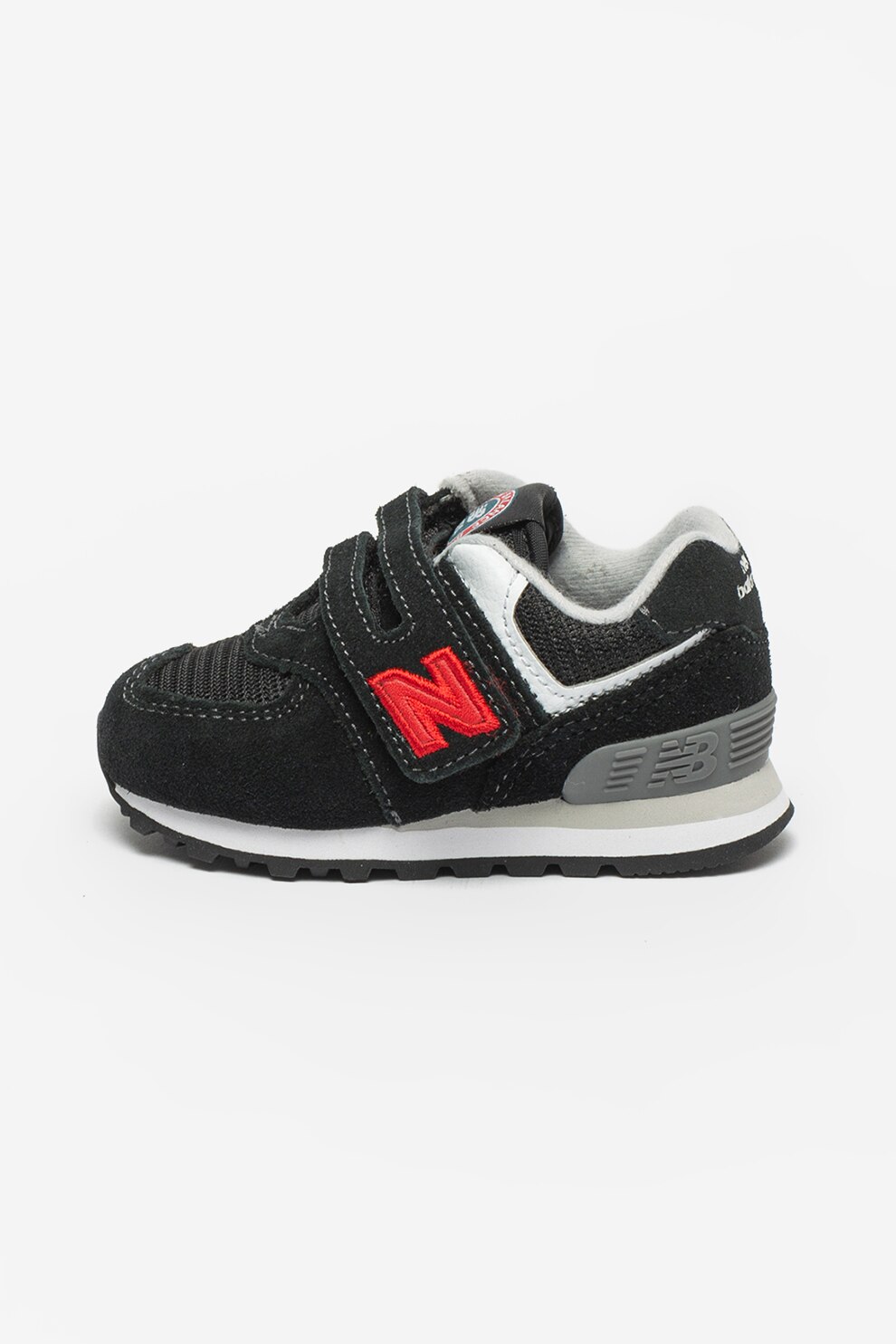 New Balance, Pantofi sport din piele intoarsa cu inchidere velcro 574, Negru/Rosu/Alb