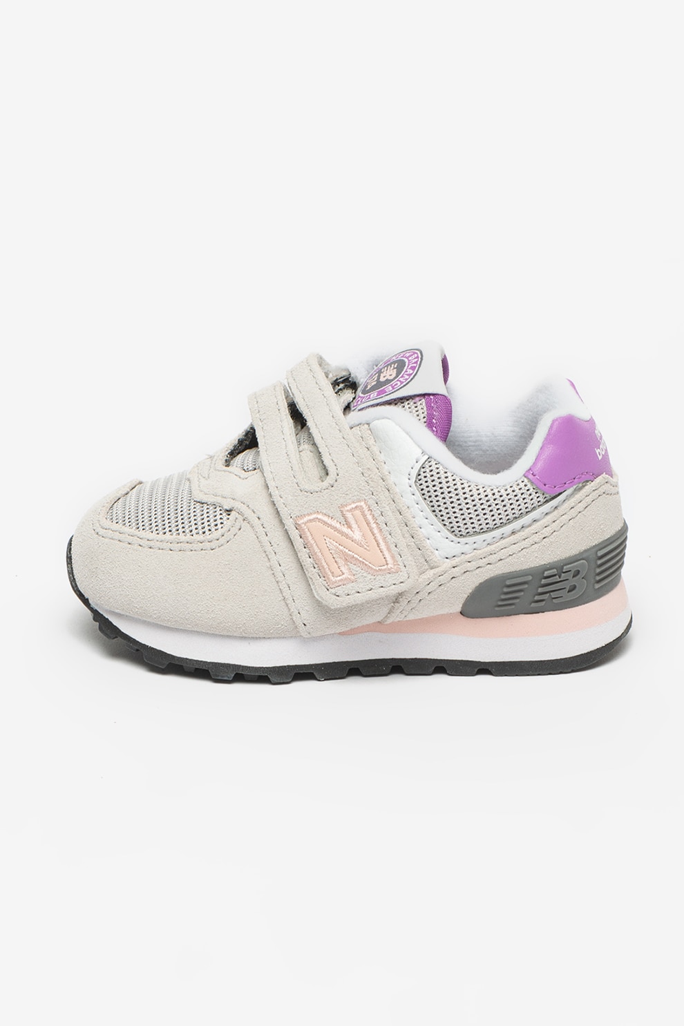New Balance, Pantofi sport cu insertii din piele intoarsa si material textil 574, Gri deschis/roz somon/violet
