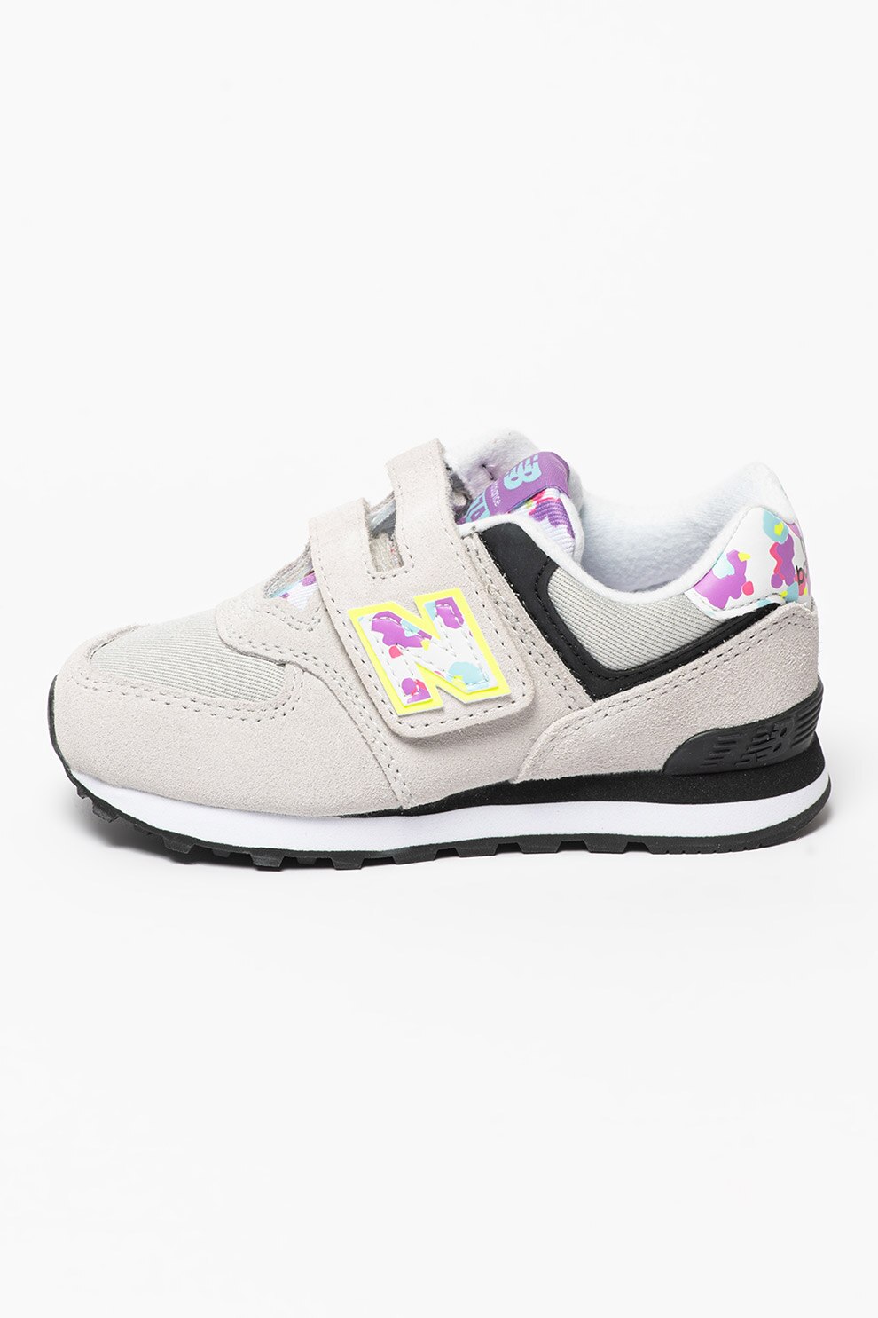 New Balance, Pantofi sport de piele intoarsa si material textil cu velcro 574, maro nisip, violet ametist, negru