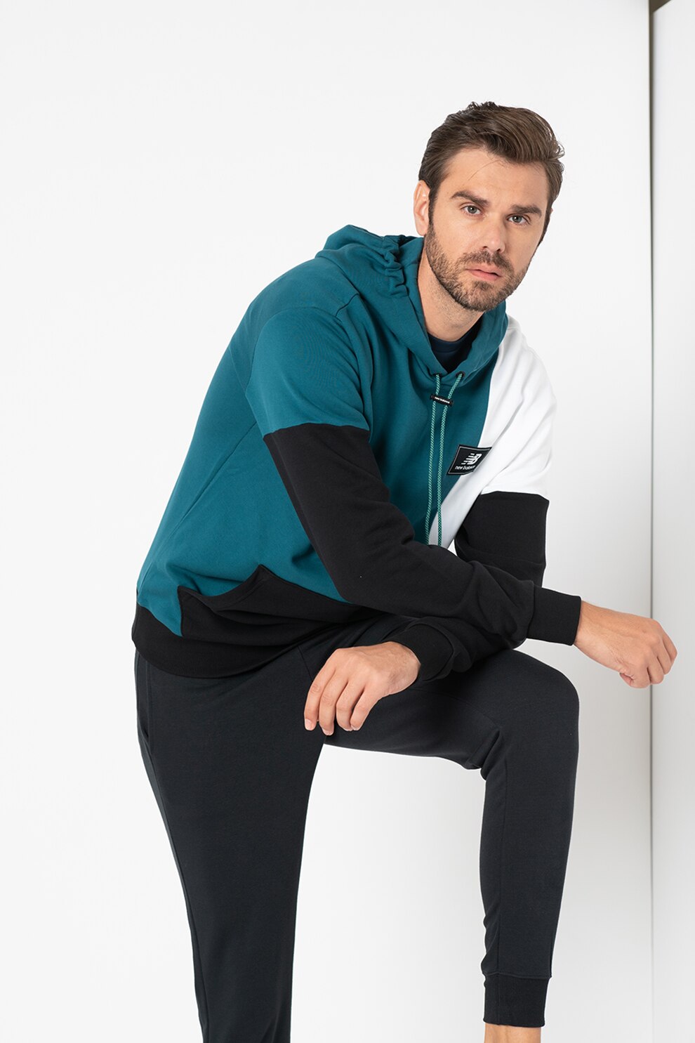 New Balance, Hanorac cu aplicatie logo Athletics Higher Learning, Albastru petrol/Negru/Alb, 2XL