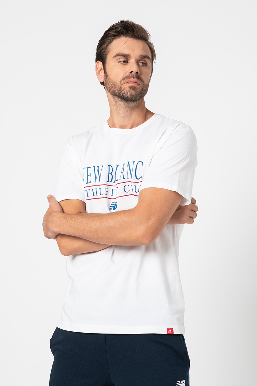 New Balance, Tricou cu decolteu la baza gatului si imprimeu logo Essentials, Alb optic/Albastru inchis/Rosu inchis