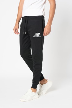 New Balance, Pantaloni sport slim fit cu logo Essential Stack, Negru/Alb New Balance, Pantaloni sport slim fit cu logo Essential Stack, Negru/Alb