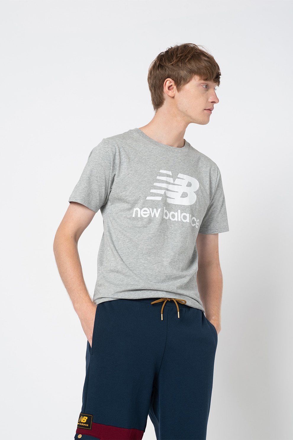 New Balance, Tricou cu imprimeu logo pentru alergare Essentials, Gri melange/ Alb