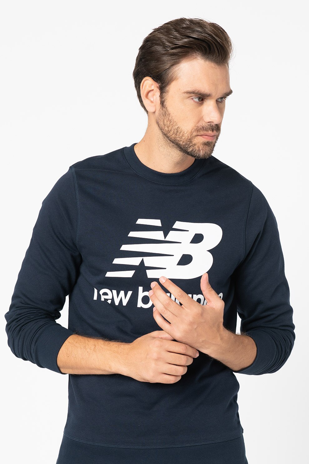 New Balance, Bluza sport cu imprimeu logo supradimensionat Essentials, Bleumarin