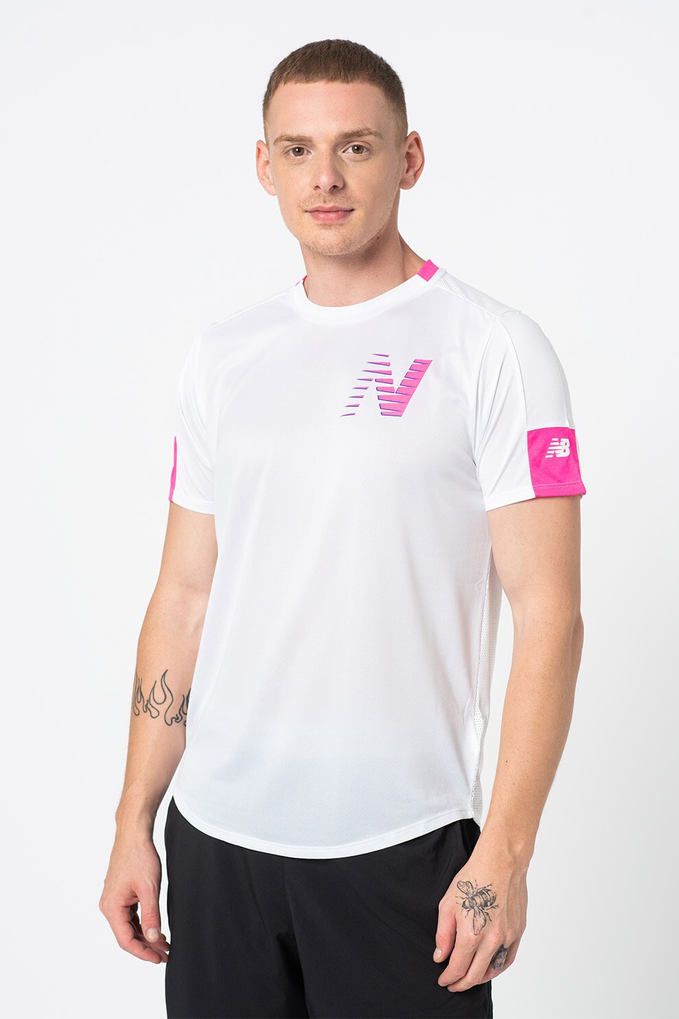 New Balance, Tricou cu imprimeu pentru alergare Fast Flight Athletic Fit, Alb/Roz aprins