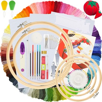 Kit profesional de broderie NUODWELL, 100 fire colorate, 5 cercuri bambus, 30 ace + alte accesorii Kit profesional de broderie NUODWELL, 100 fire colorate, 5 cercuri bambus, 30 ace + alte accesorii