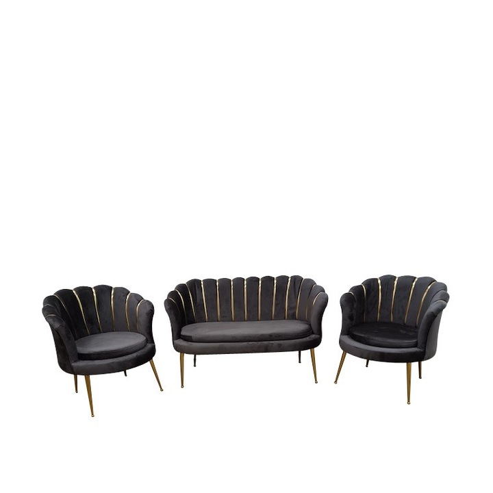 Set canapea 2 locuri cu 2 fotolii elegance Home-Global 131x75x60 cm, catifea negru