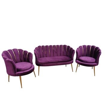 Set canapea 2 locuri cu 2 fotolii eleganceHome-Global 131x75x60 cm, catifea mov Set canapea 2 locuri cu 2 fotolii eleganceHome-Global 131x75x60 cm, catifea mov