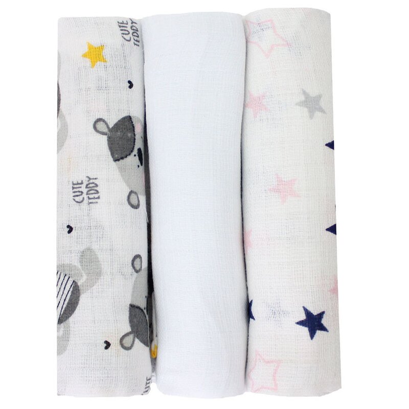 Set 3 scutece, muselina, alb cu stelute si Cute Teddy, 75 x 70 cm