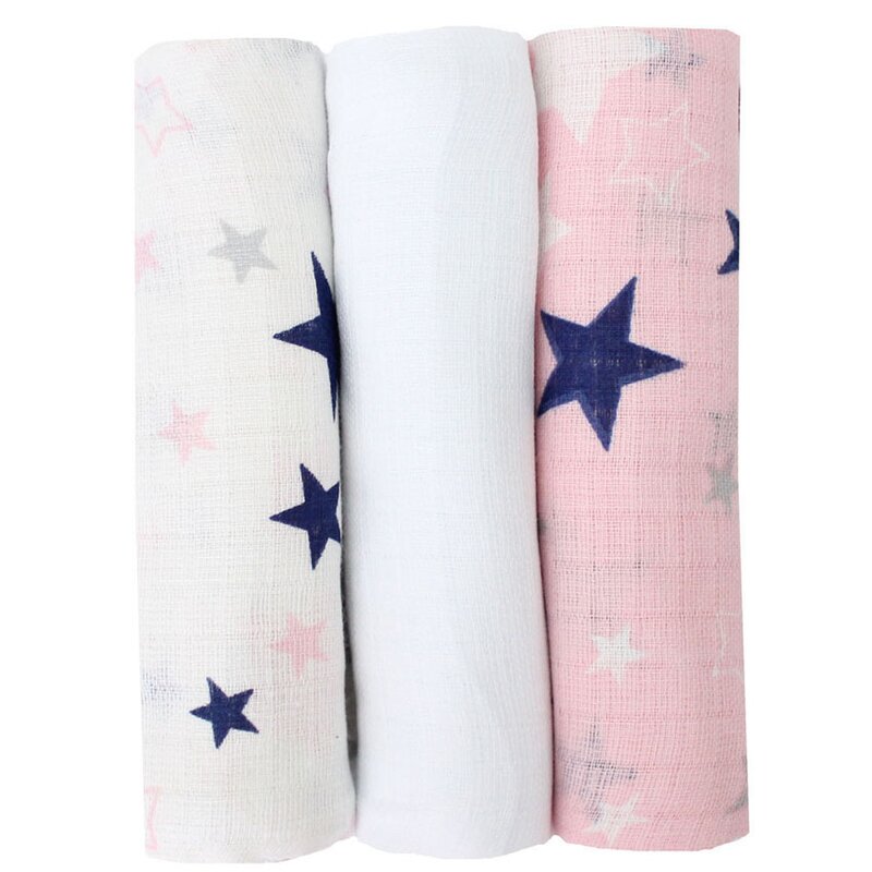 Set 3 scutece, muselina, roz si alb cu stelute bluemarin, 75 x 70 cm