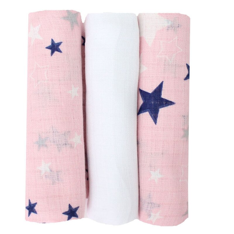 Set 3 scutece, muselina, roz cu stelute bluemarin, 75 x 70 cm