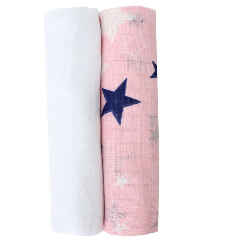 Set 2 scutece muselina, roz cu stelute bluemarin, 75 x 70 cm