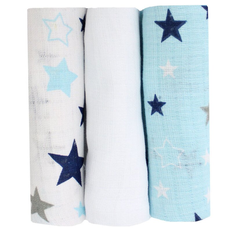 Set 3 scutece, muselina, albastru si alb cu stelute, 75 x 70 cm