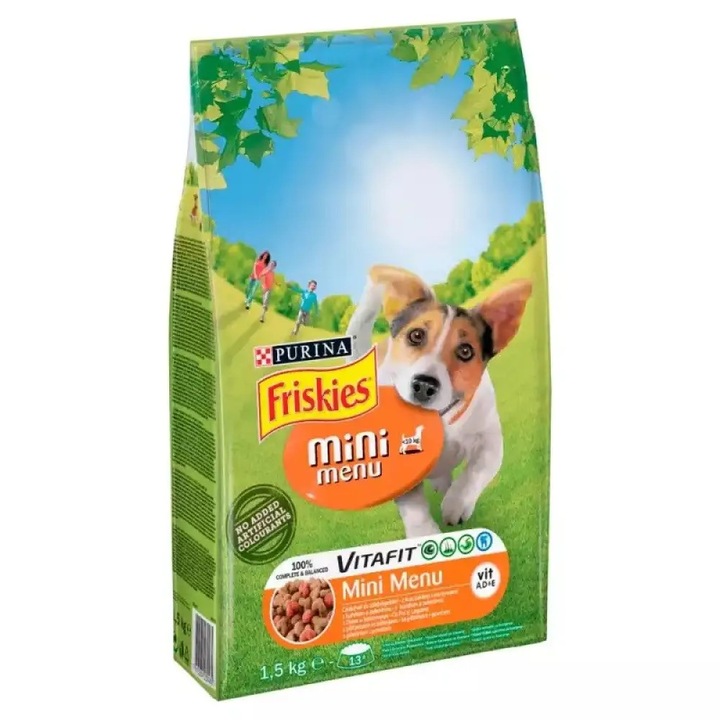 Hrana uscata completa pentru caini, Friskies Dry Dog Vitafit, mini meniu pui cu legume, 1.5 Kg