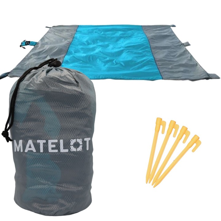 Patura pentru plaja, impermeabila, anti nisip, multifunctionala, 280x300 cm, albastru inchis si gri